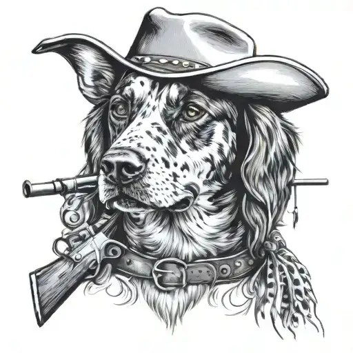 A realistic portrait of a hunting dog with a background of a country music concert stage, complete with instruments and cowboy hats tattoo design idea
