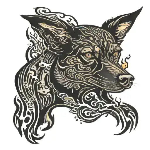 Incorporate a detailed pipeline design with welding torches and flames, surrounded by silhouette of a loyal dog in a blackwork style tattoo design idea