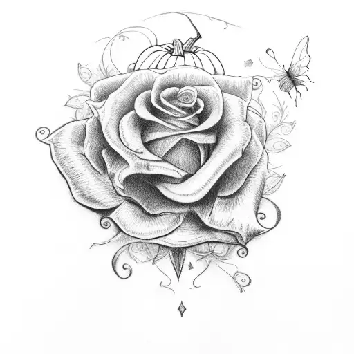 Halloween pumpkin with green butterfly and the rose from beauty and the beast tattoo design idea