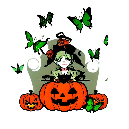 Halloween pumpkin with green butterfly and the rose from beauty and the beast tattoo design idea