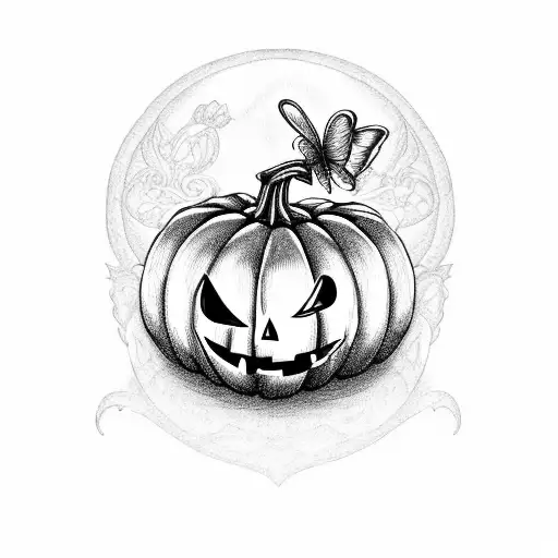 Halloween pumpkin with green butterfly and the rose from beauty and the beast tattoo design idea