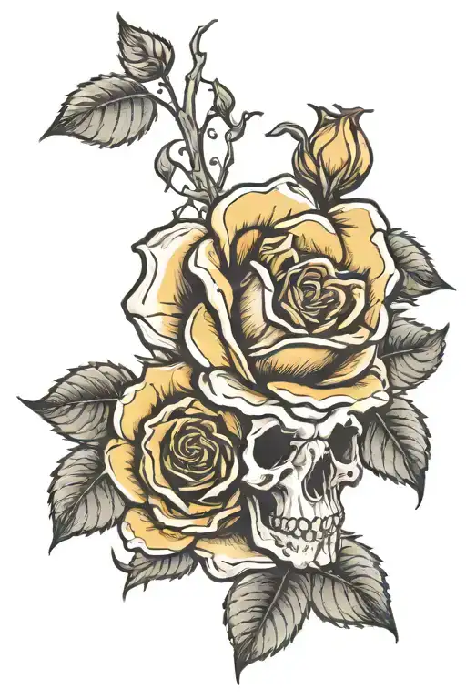 single rose with a sunflower growing out of an animal skull tattoo design idea