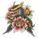 japanese, flower, crane, foo dog tattoo design idea