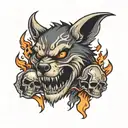 axe with a skull and flames and a wolf tattoo design idea