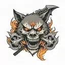 axe with a skull and flames and a wolf tattoo design idea