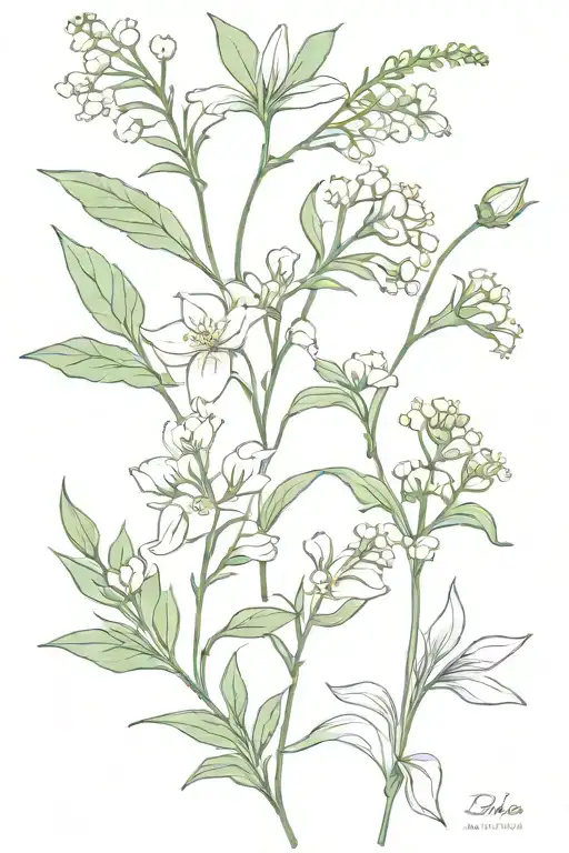 Minimalistic bouquet of lily of the valley, marigold, chrysanthemum, aster, daisy, sweet pea tattoo design idea