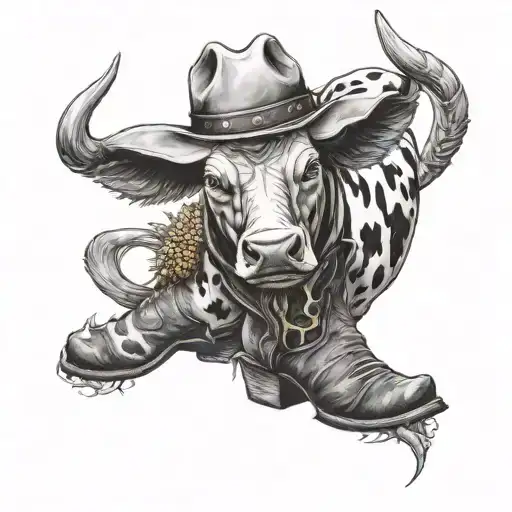 cow with devil corn and a cowboy hat and boots tattoo design idea