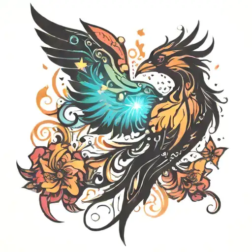 tiny phoenix with flowers blowing around it luminous points tattoo design idea
