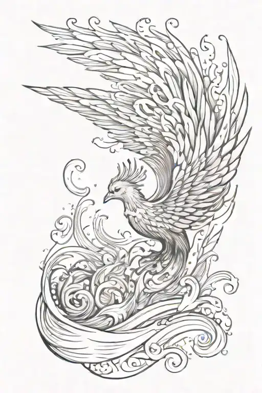 ocean waves with a phoenix flying and flames showing light and dark and a book page or books tattoo design idea