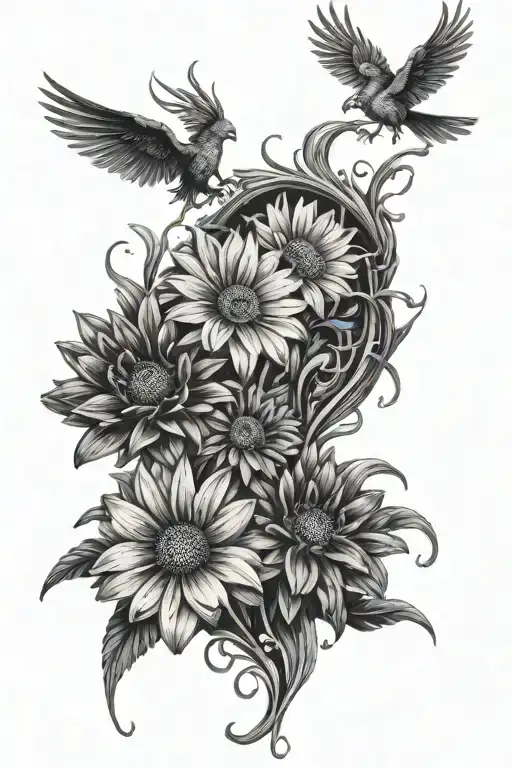 phoenix rising from ashes, gerbera daisies intertwined tattoo design idea