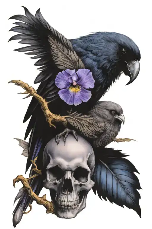 a purple and blue iris with a phoenix feather and raven skull tattoo design idea