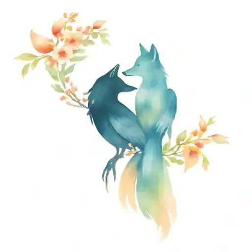 One fox animal and one raven bird intertwined in a dance with flowers, representing the balance of life and rebirth tattoo design idea