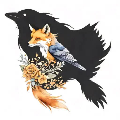 One fox animal and one raven bird intertwined in a dance with flowers, representing the balance of life and rebirth tattoo design idea