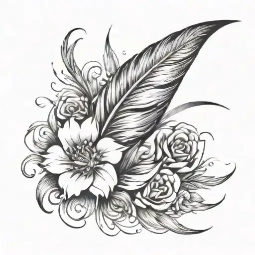 tiny phoenix feather with flowers blowing around it luminous points tattoo design idea