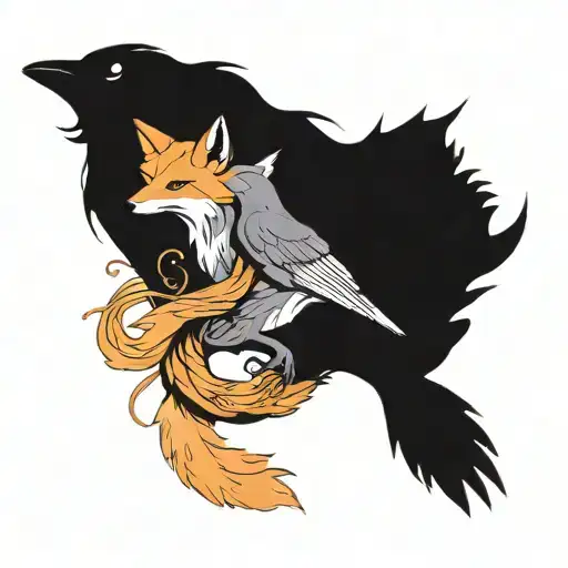 One fox animal and one raven bird intertwined in a dance, representing the balance of light and dark in life tattoo design idea