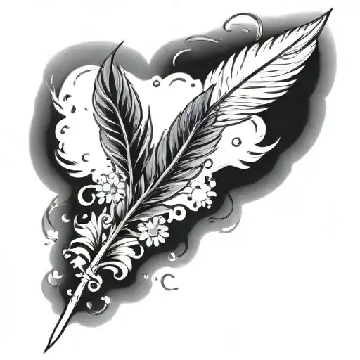 tiny red phoenix feather with daisy flowers blowing around it luminous points tattoo design idea