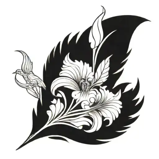 tiny red phoenix feather with iris flowers entwined around it intricate pattern tattoo design idea