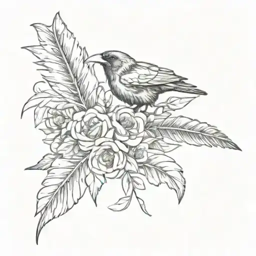 A raven feather quill pen drawing a bouquet of flowers on a ripped piece of paper, representing creativity and growth tattoo design idea