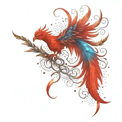 red phoenix feather transforming into galaxy tattoo design idea