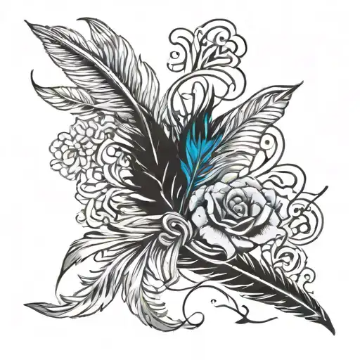  elegant script with a feather quill pen intertwined, flowers tattoo design idea