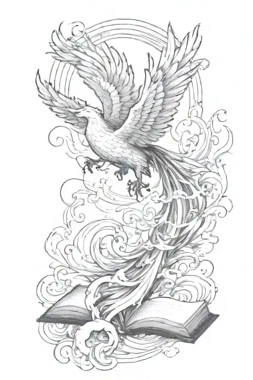 ocean waves with a phoenix flying and flames showing light and dark and a book page or books tattoo design idea