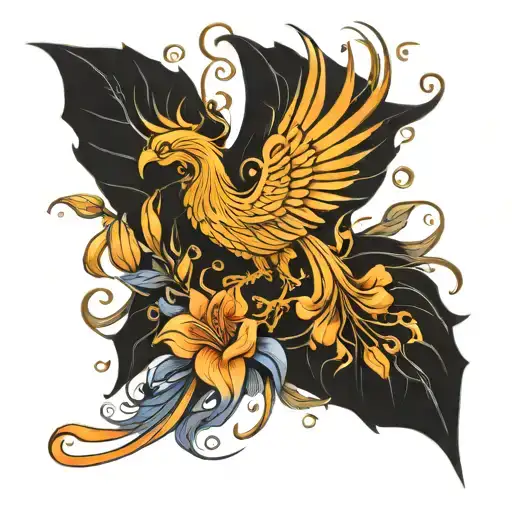 A phoenix rising from the ashes with iris flowers blooming around it, symbolizing feminine rebirth after divorce tattoo design idea