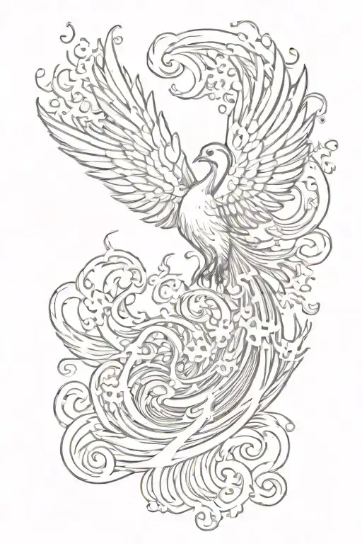 ocean waves with a phoenix flying and flames showing light and dark and a book page or books tattoo design idea
