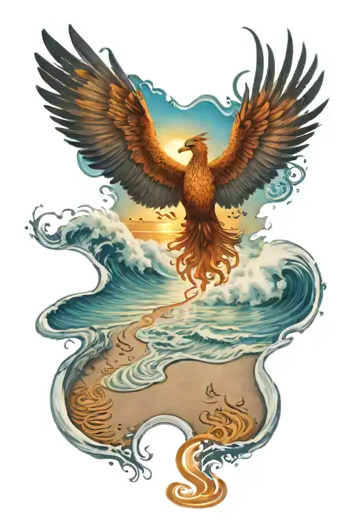 ocean waves washing away footprints of a phoenix walking down the beach  tattoo design idea