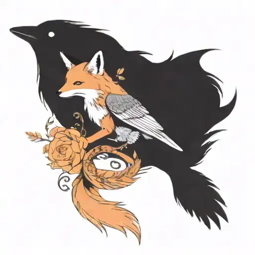 One fox animal and one raven bird intertwined in a dance with flowers, representing the balance of life and rebirth tattoo design idea