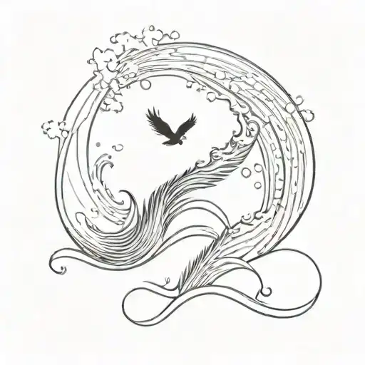 ocean waves washing away footprints of a phoenix walking down the beach tattoo design idea