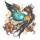 tiny phoenix with flowers blowing around it luminous points tattoo design idea