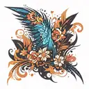 tiny phoenix with flowers blowing around it luminous points tattoo design idea