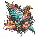 tiny phoenix with flowers blowing around it luminous points tattoo design idea