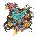 tiny phoenix with flowers blowing around it luminous points tattoo design idea