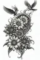 phoenix rising from ashes, gerbera daisies intertwined tattoo design idea