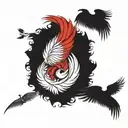 red phoenix feather transforming into a flock of birds tattoo design idea