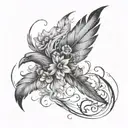 tiny phoenix feather with flowers blowing around it luminous points tattoo design idea