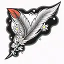 tiny red phoenix feather with daisy flowers blowing around it luminous points tattoo design idea