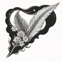 tiny red phoenix feather with daisy flowers blowing around it luminous points tattoo design idea