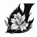 tiny red phoenix feather with iris flowers entwined around it intricate pattern tattoo design idea