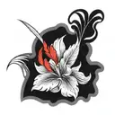 tiny red phoenix feather with iris flowers entwined around it intricate pattern tattoo design idea