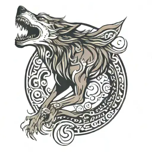 tribal wolf biting the moon long hair tattoo design idea