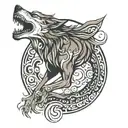 tribal wolf biting the moon long hair tattoo design idea