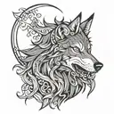tribal wolf biting the moon long hair tattoo design idea
