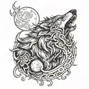 tribal wolf biting the moon long hair tattoo design idea