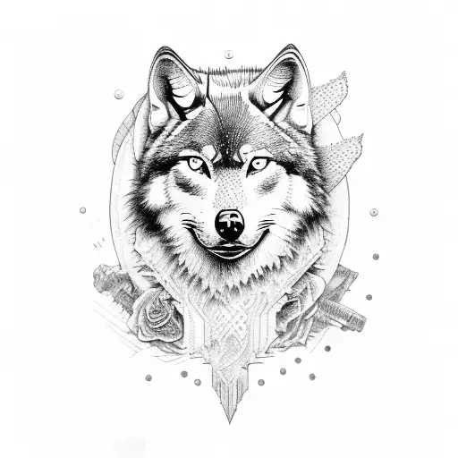 A detailed illustration of a bass guitar with a wolf's head as the body. tattoo design idea