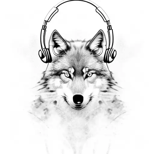 A black and grey portrait of a wolf wearing headphones and playing the bass guitar. tattoo design idea