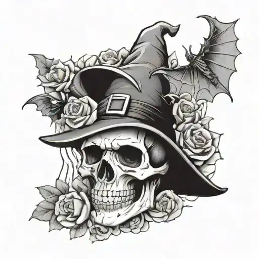 Skull, Witch, Pumpkin, Bats, flowers tattoo design idea