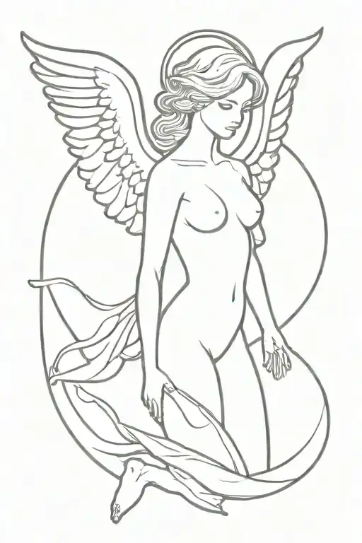 In minimalist style, a simple angel with ring above his head. The tattoo will be either on the arm or on the ribs tattoo design idea