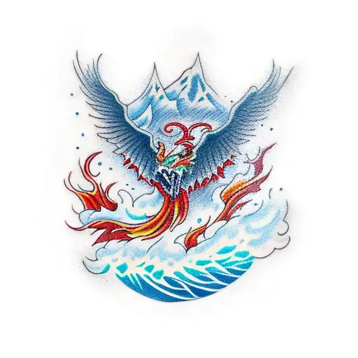 A traditional style tattoo of a snow-covered mountain with a flowing river and a phoenix rising from the flames tattoo design idea